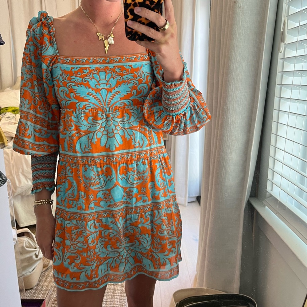 Alice + Olivia Blue and Orange Long Sleeve Sundress